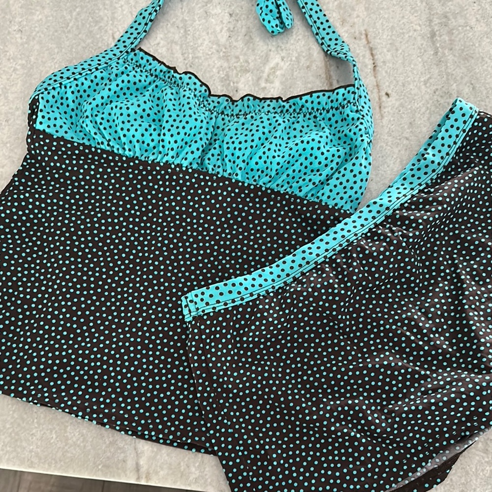 Polka Dot Halter Tankini Set - Black and Blue